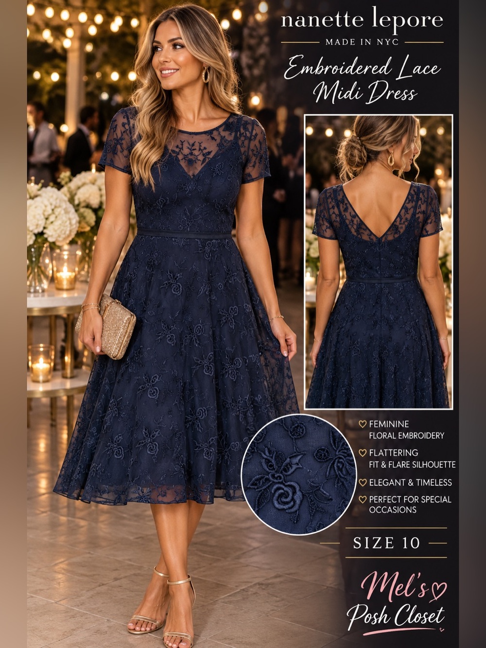 💙✨Nanette Lepore Navy Floral Embroidered Lace Midi Dress Size 10✨